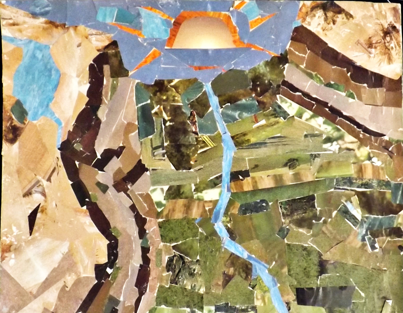 Tracing the path of a river that glints in the dawn while snaking through rice fields. Paper mosaic created circa 1985.